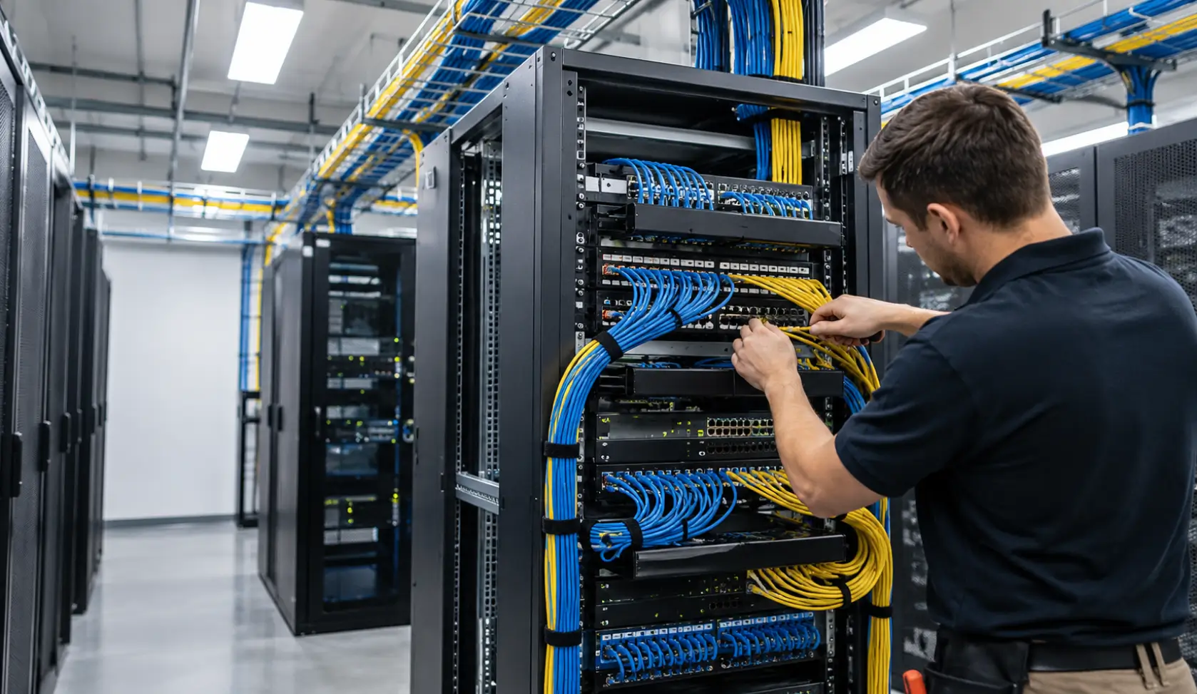 Technician organizing blue and yellow Ethernet cables inside a commercial network rack