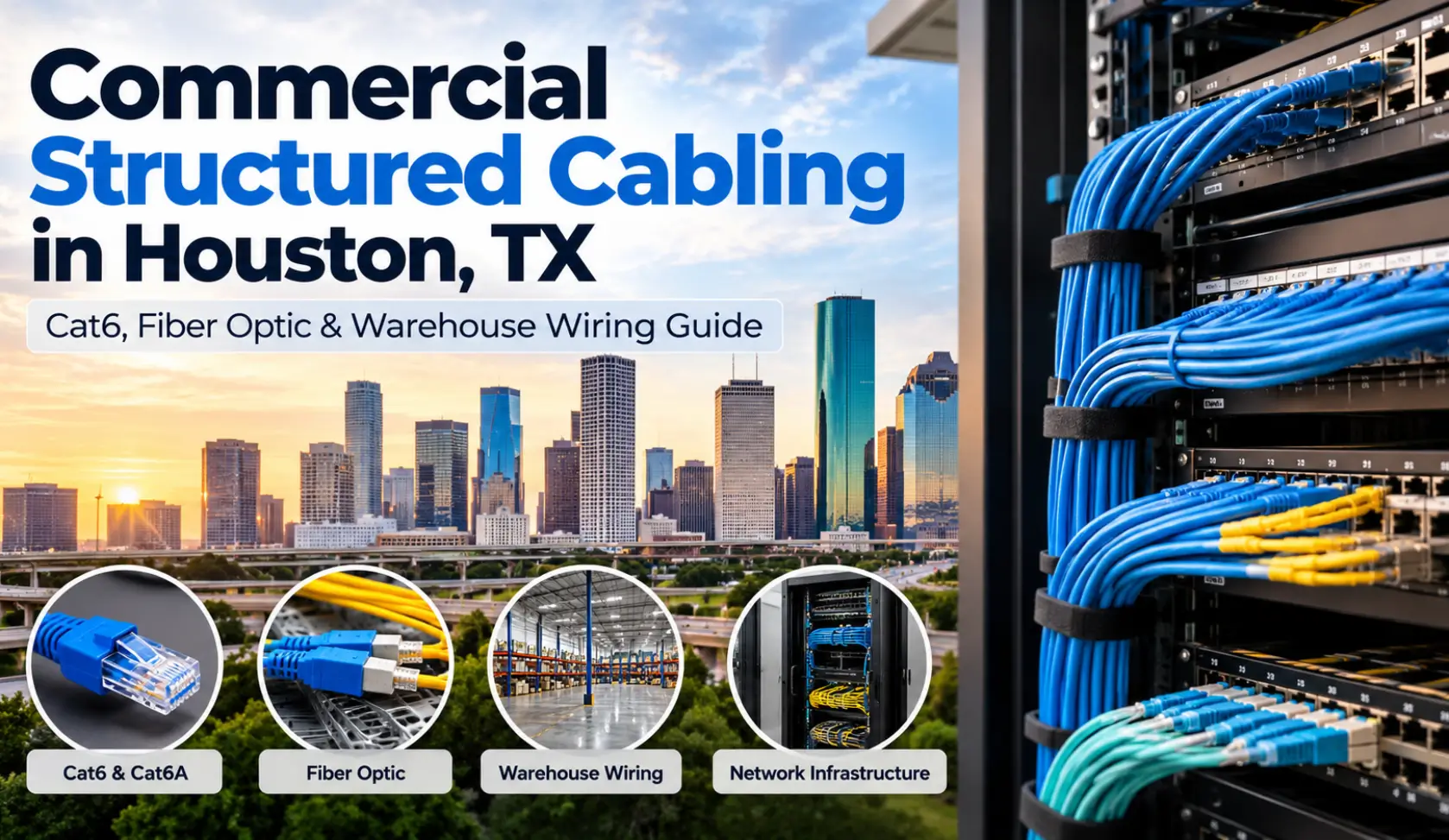 Commercial structured cabling in Houston, TX featuring Cat6 and Cat6A cables, fiber optic connections, warehouse wiring, and network infrastructure.