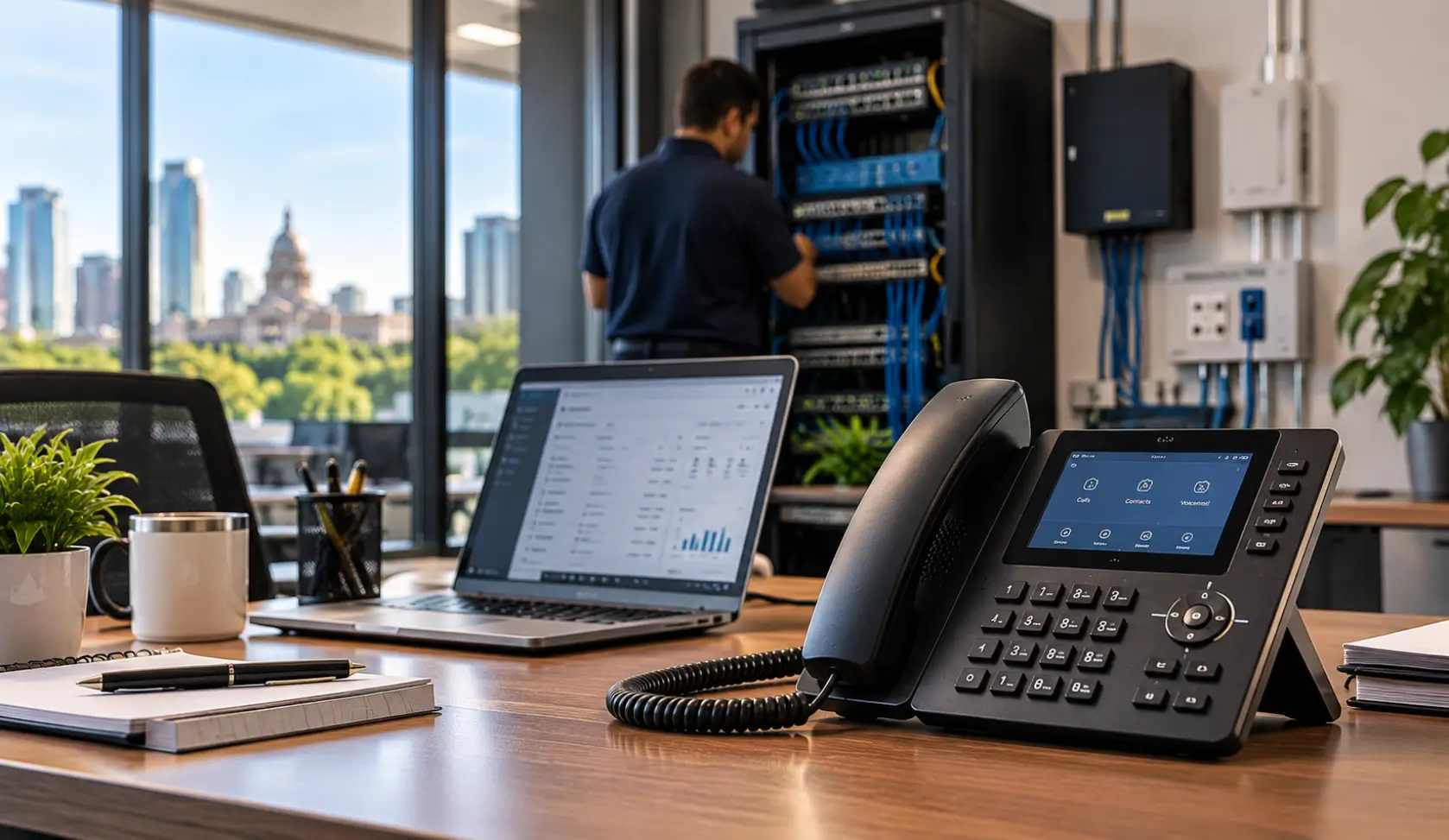 Modern VoIP business phone and laptop during a business phone system migration