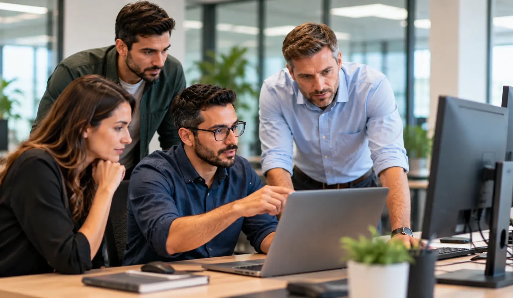 IT professionals collaborating around a laptop in a modern office