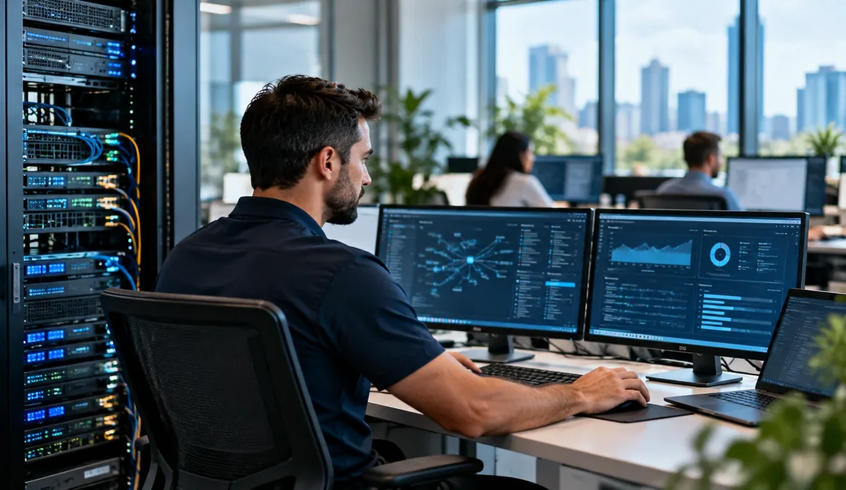 IT technician monitoring business network systems