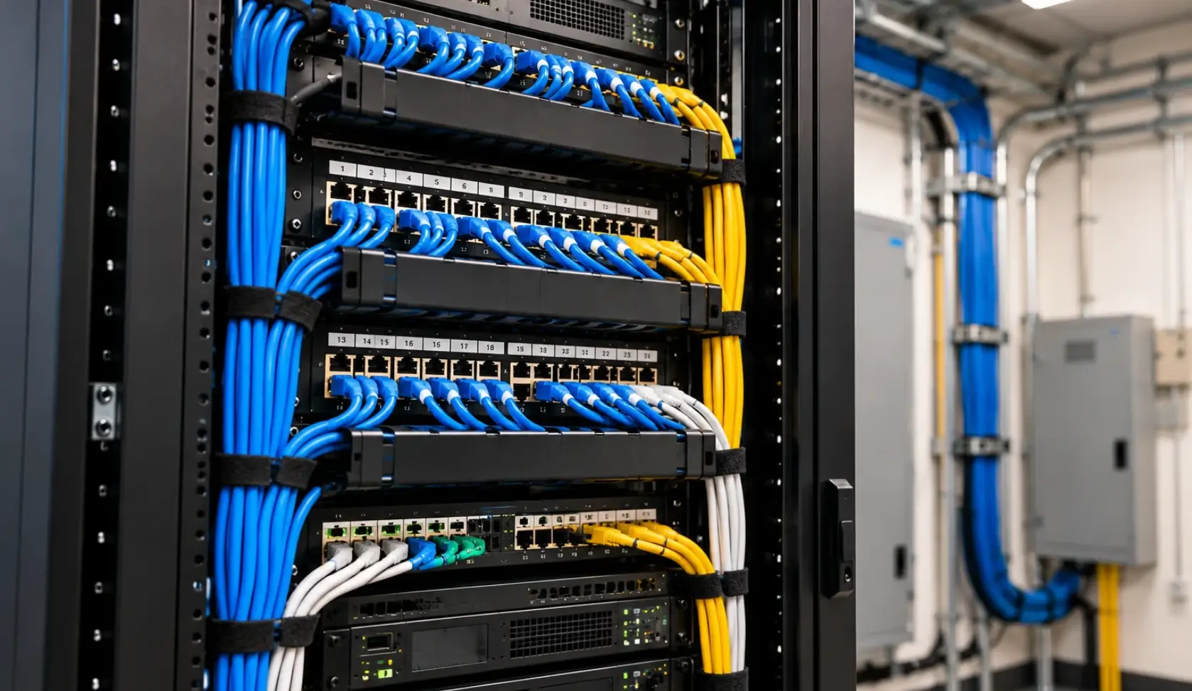 Organized server rack with neatly routed Ethernet cables and patch panels
