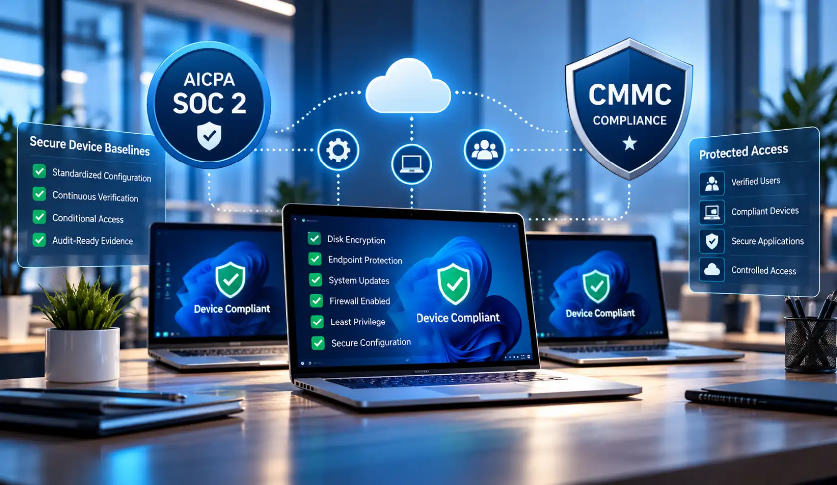 Secure device baselines and endpoint security controls for SOC 2 and CMMC readiness