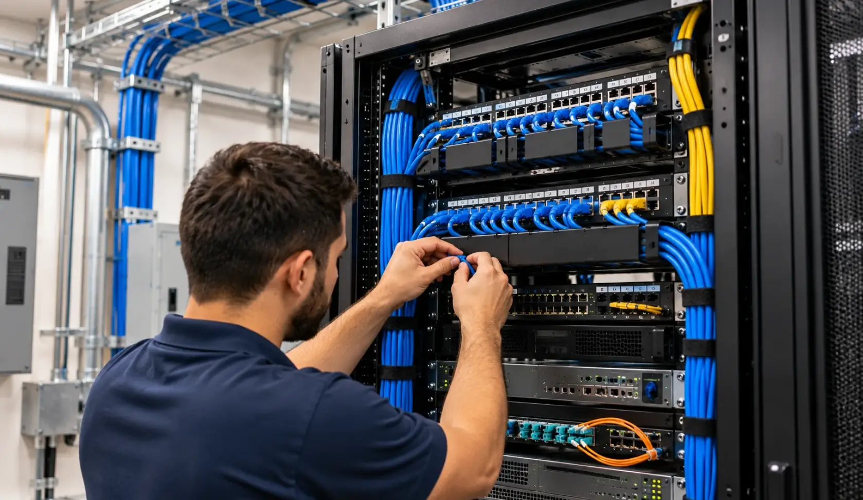 Technician organizing Ethernet cables inside a commercial server rack